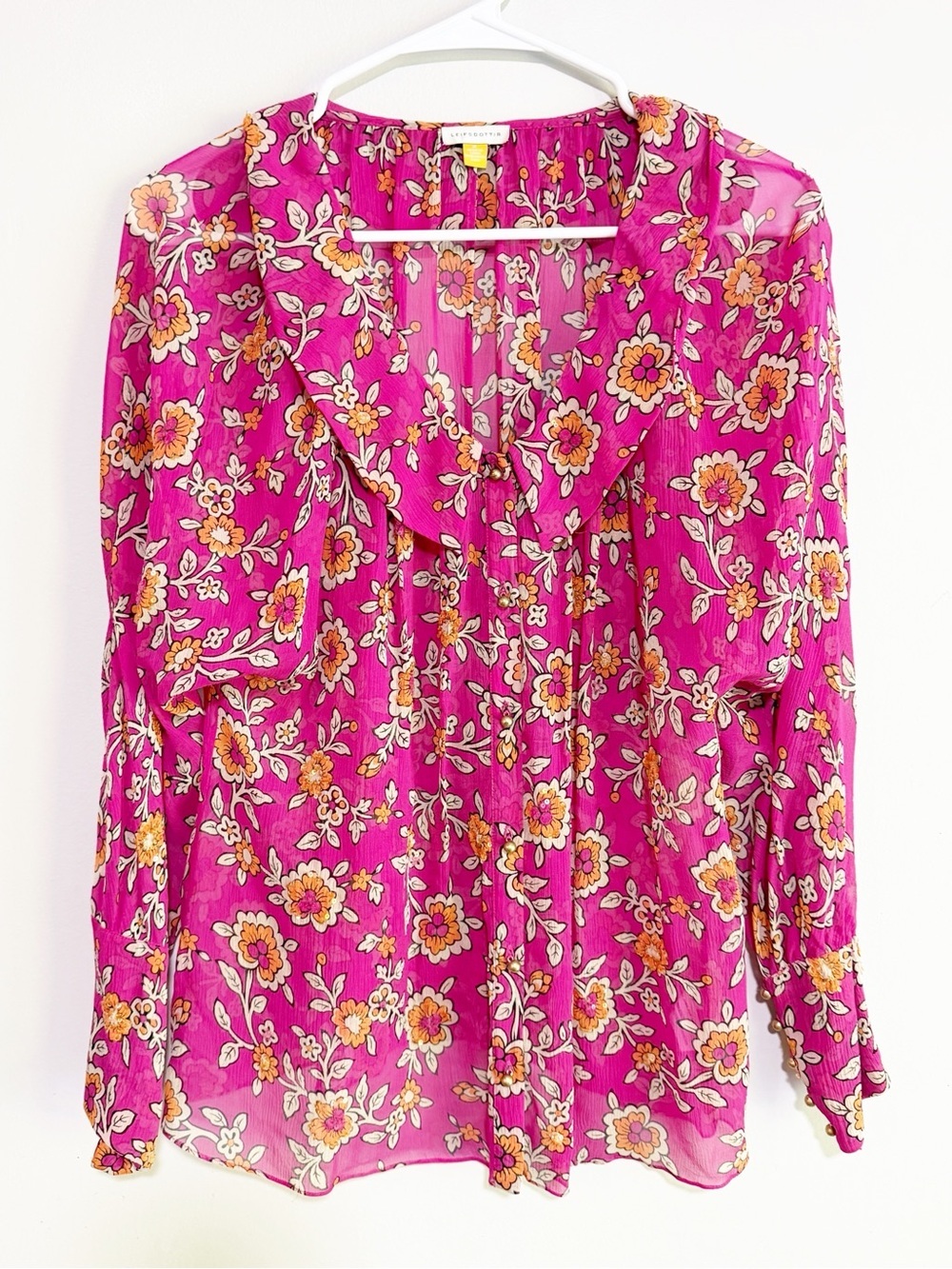 Anthropologie leifsdottir silk floral blouse sequin gold button size 4